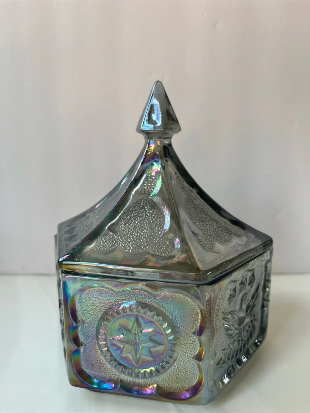Indiana Glass Iridescent Carnival Glass Lidded Trinket Box